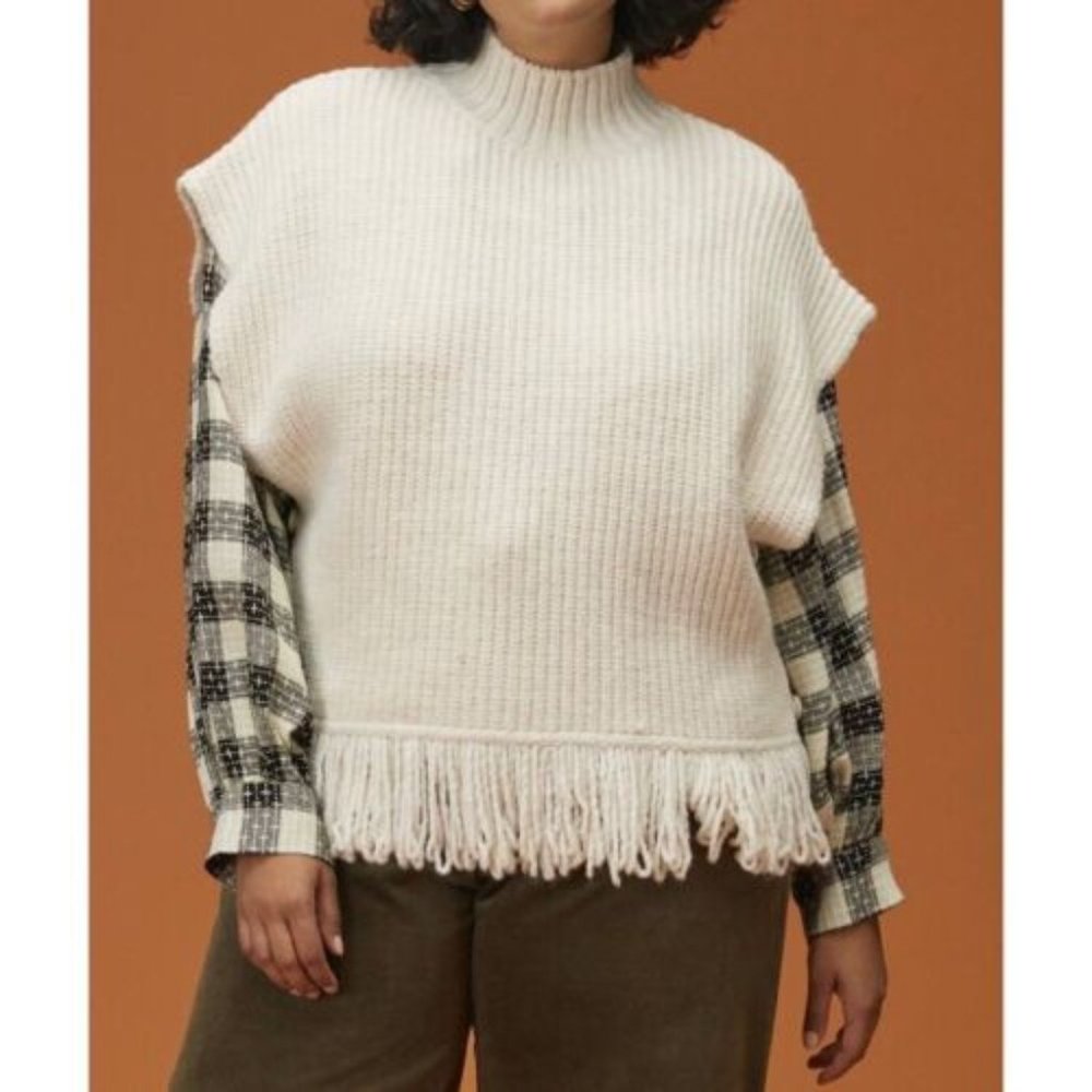 Anthropologie Mock Neck Pullover Fringed Sweater Vest in Ivory Size XXL